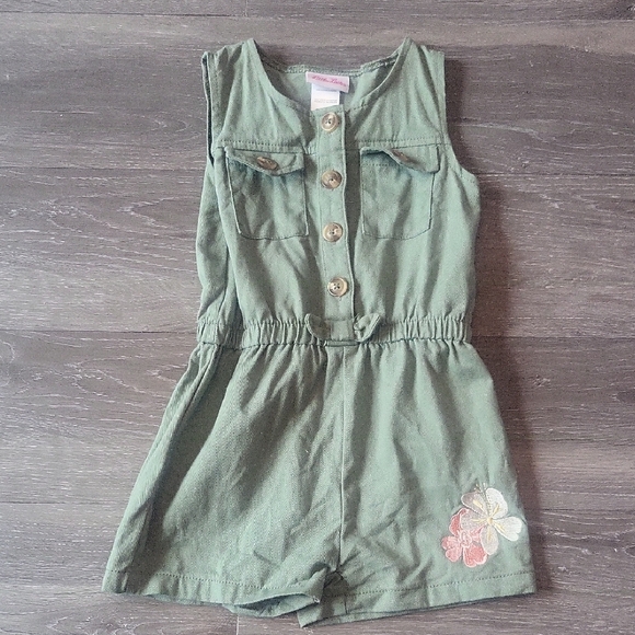 Green Kids Romper with Floral Embroidery - Picture 1 of 7